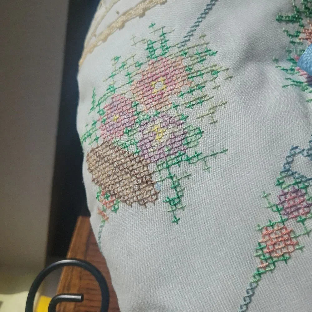 Handmade Needpoint Crossstitch Pillows Set of 2 heart shaped Ivory Cotton Ribbon